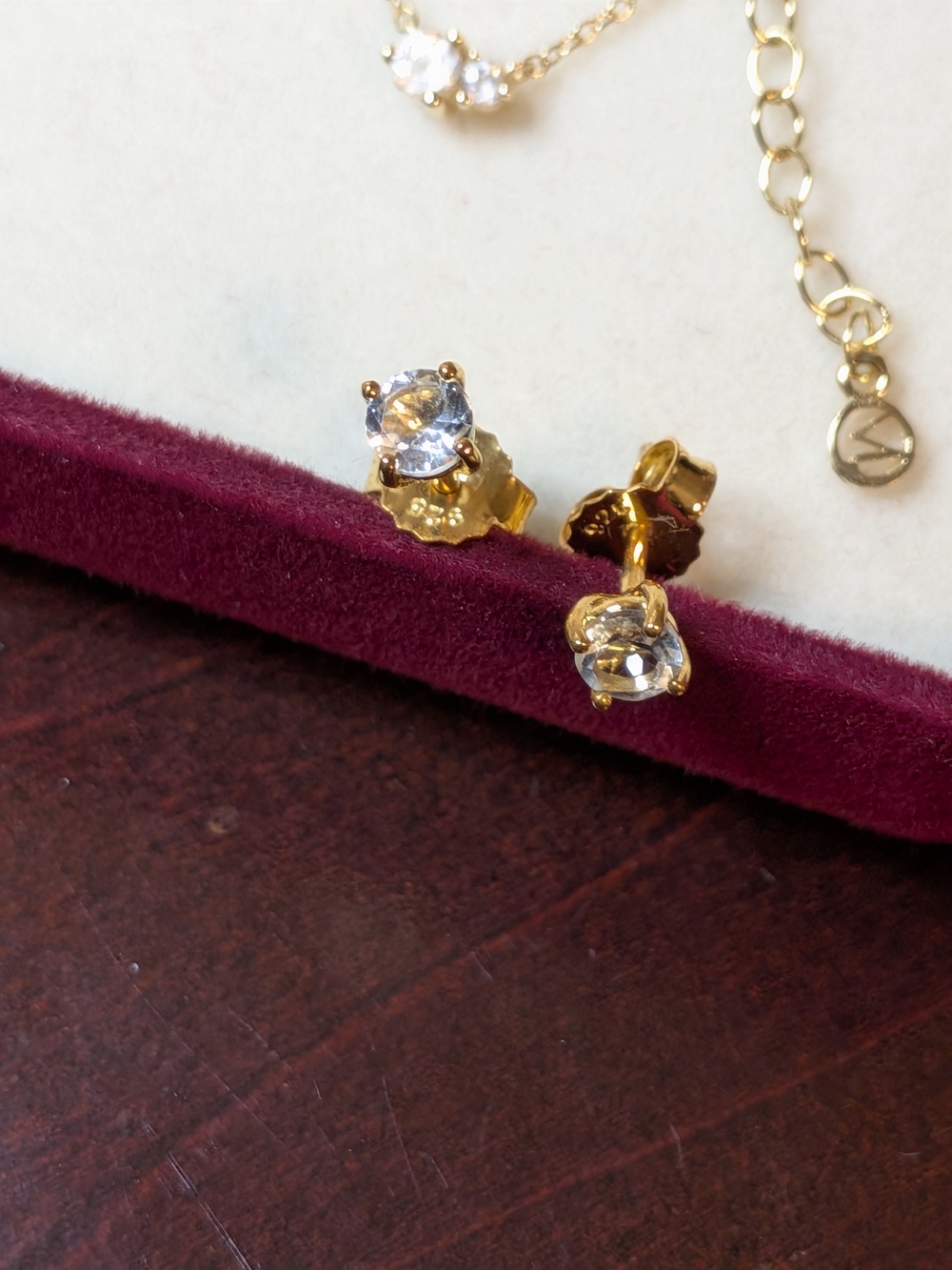 Mejuri Set Gold Hue 14k Gold Necklace & 18k Vermeil White Topaz Stud Earrings - Picture 4 of 15